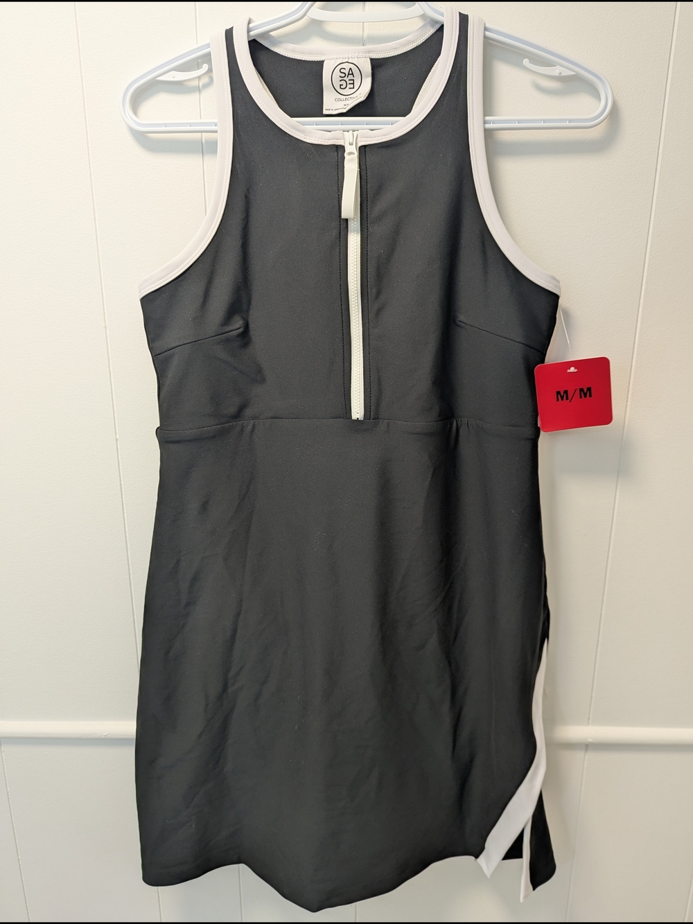 Black Athletic Dress with White Trim and Front Zip